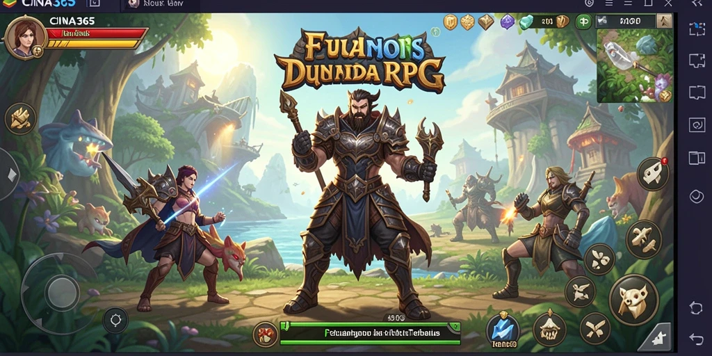 Screenshot utama CINA365 menampilkan karakter beraksi dalam pertempuran epik RPG.