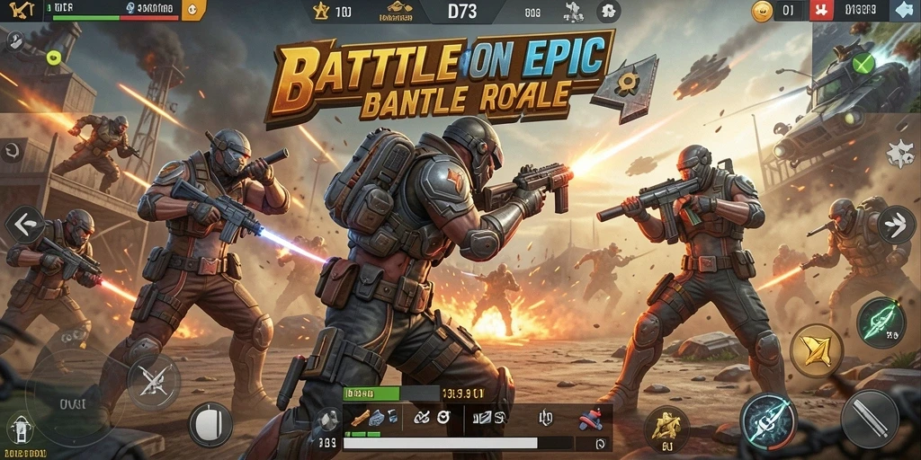 Screenshot D73 menampilkan aksi pertempuran mendebarkan dalam Battle Royale.
