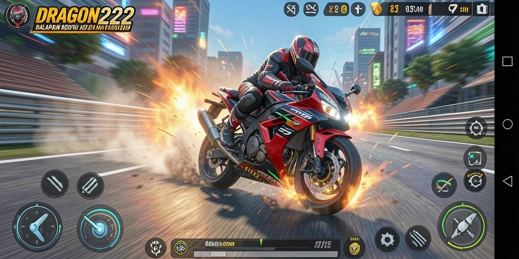 Screenshot gameplay DRAGON222 menampilkan balapan motor yang intens dan mendebarkan.