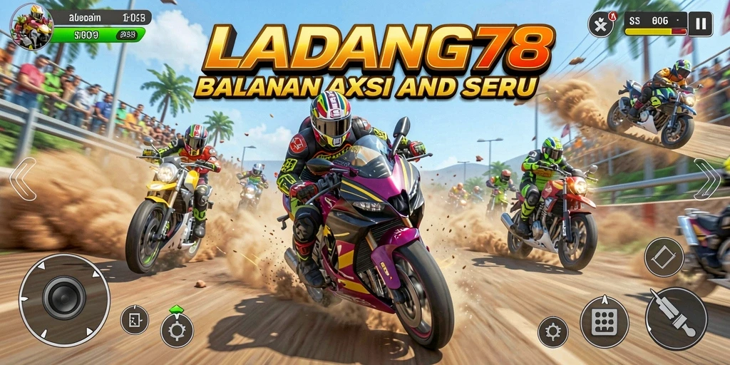 Tangkapan layar menunjukkan aksi balapan motor yang mendebarkan di LADANG78.