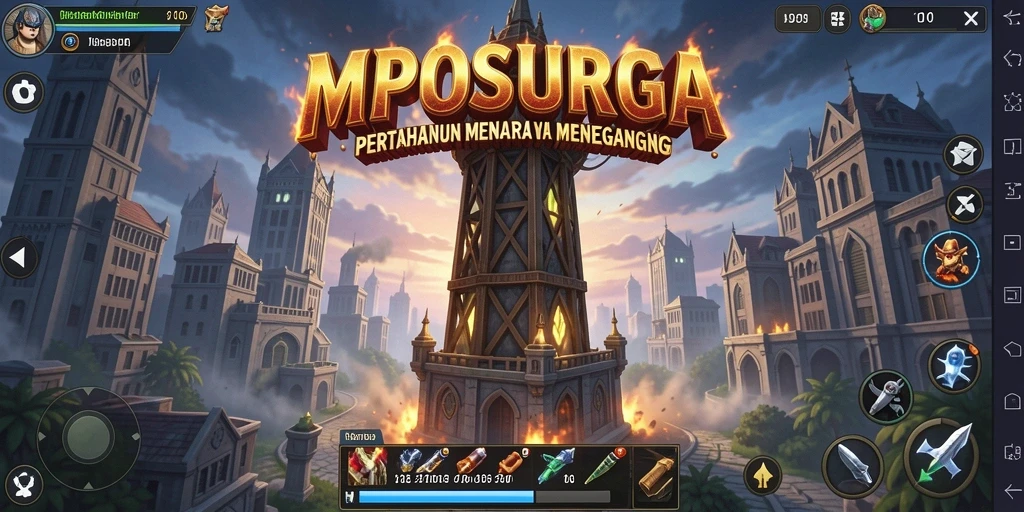 Screenshot gameplay MPOSURGA menunjukkan menara yang siap bertempur melawan gelombang musuh.