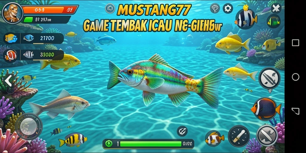 Tampilan gameplay seru dari MUSTANG77 dengan berbagai ikan berwarna.