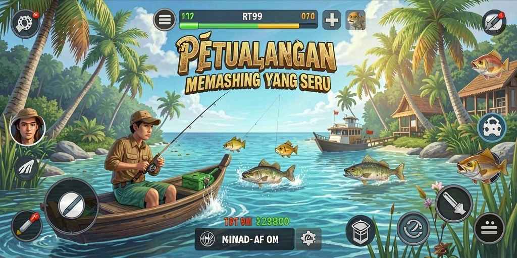 Screenshot gameplay RT99 menampilkan aksi memancing yang seru.