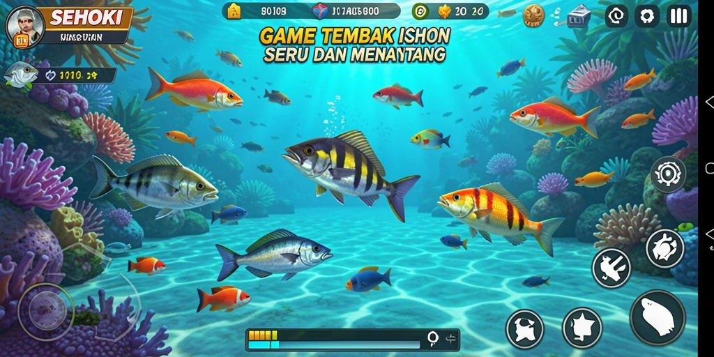 Tampilan gameplay SEHOKI dengan aksi menembak ikan yang seru.