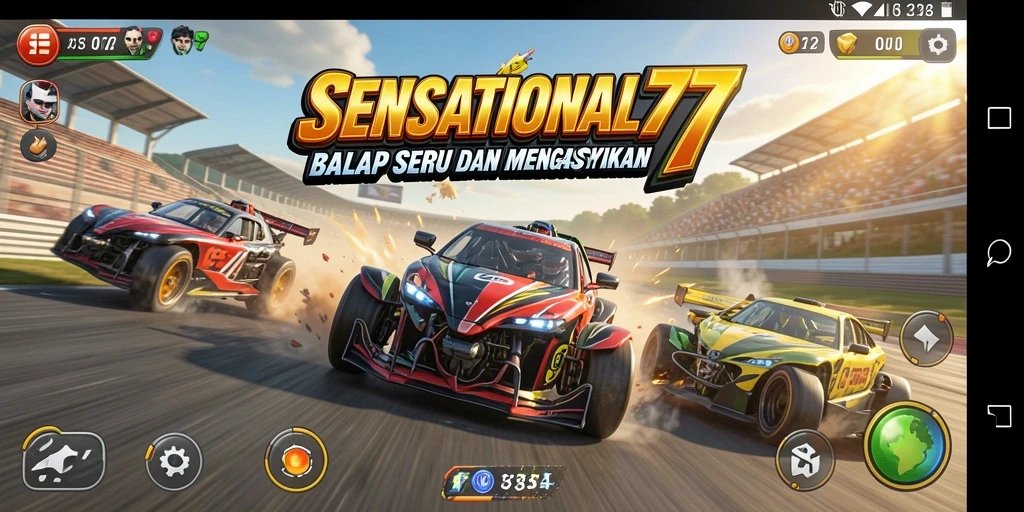 Tampilan gameplay balap mendebarkan dalam SENSATIONAL77.